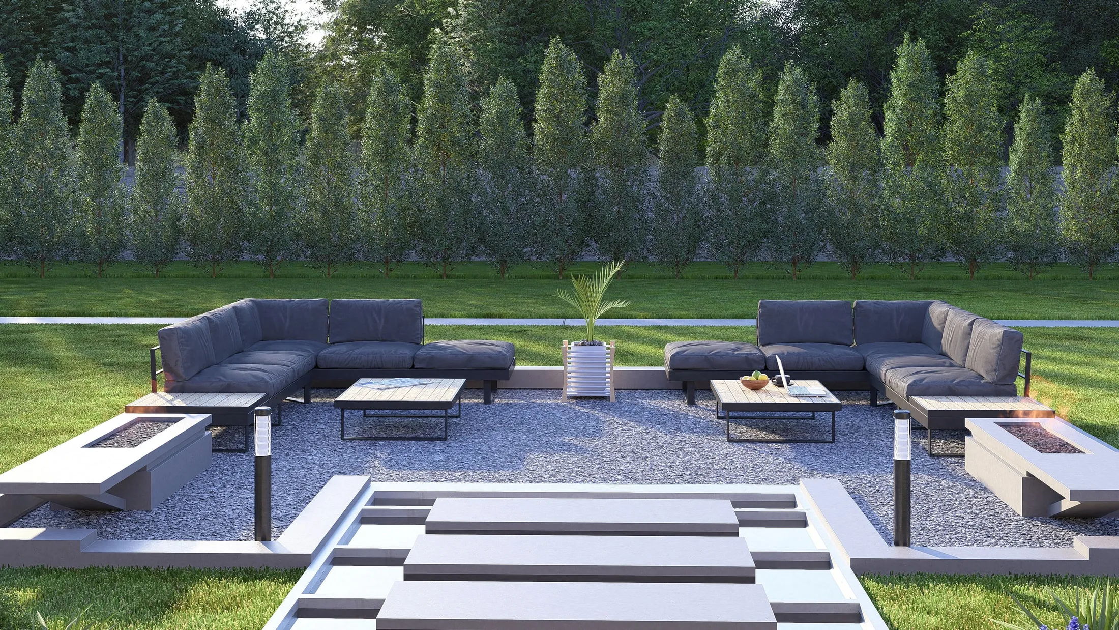 Sunken lounge with fire pits on a gravel terrace