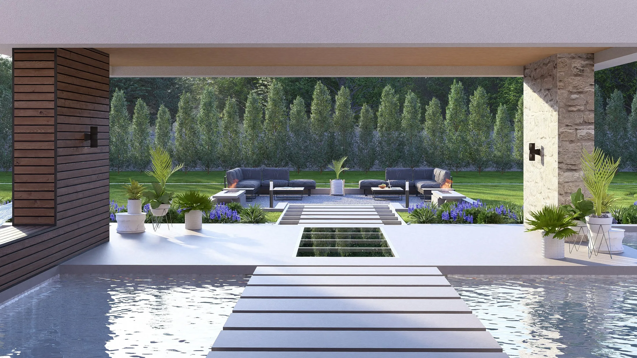 Floating stepping stones across the pool through a covered passage