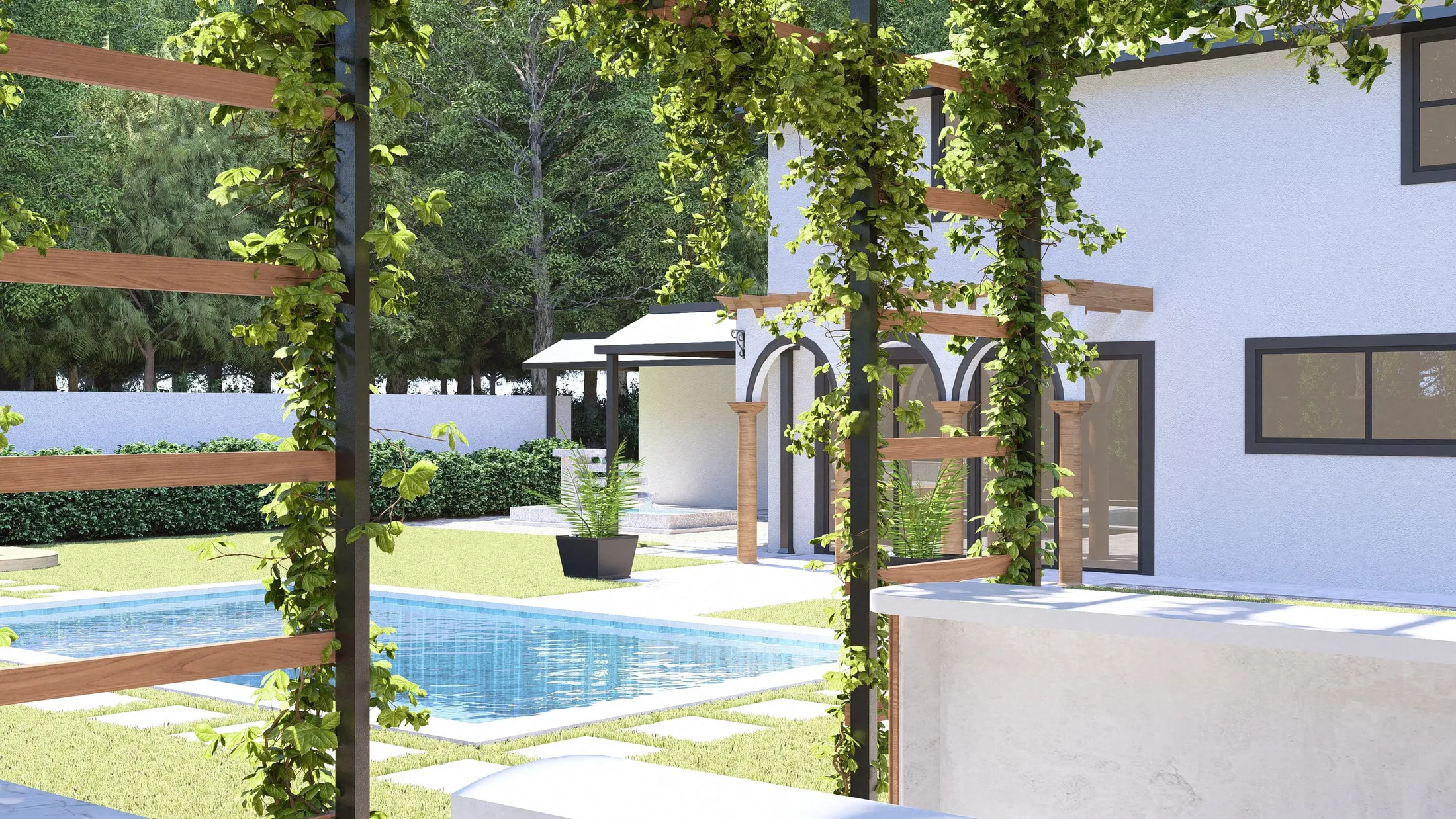 View through the pergola to the pool and the house with arched windows