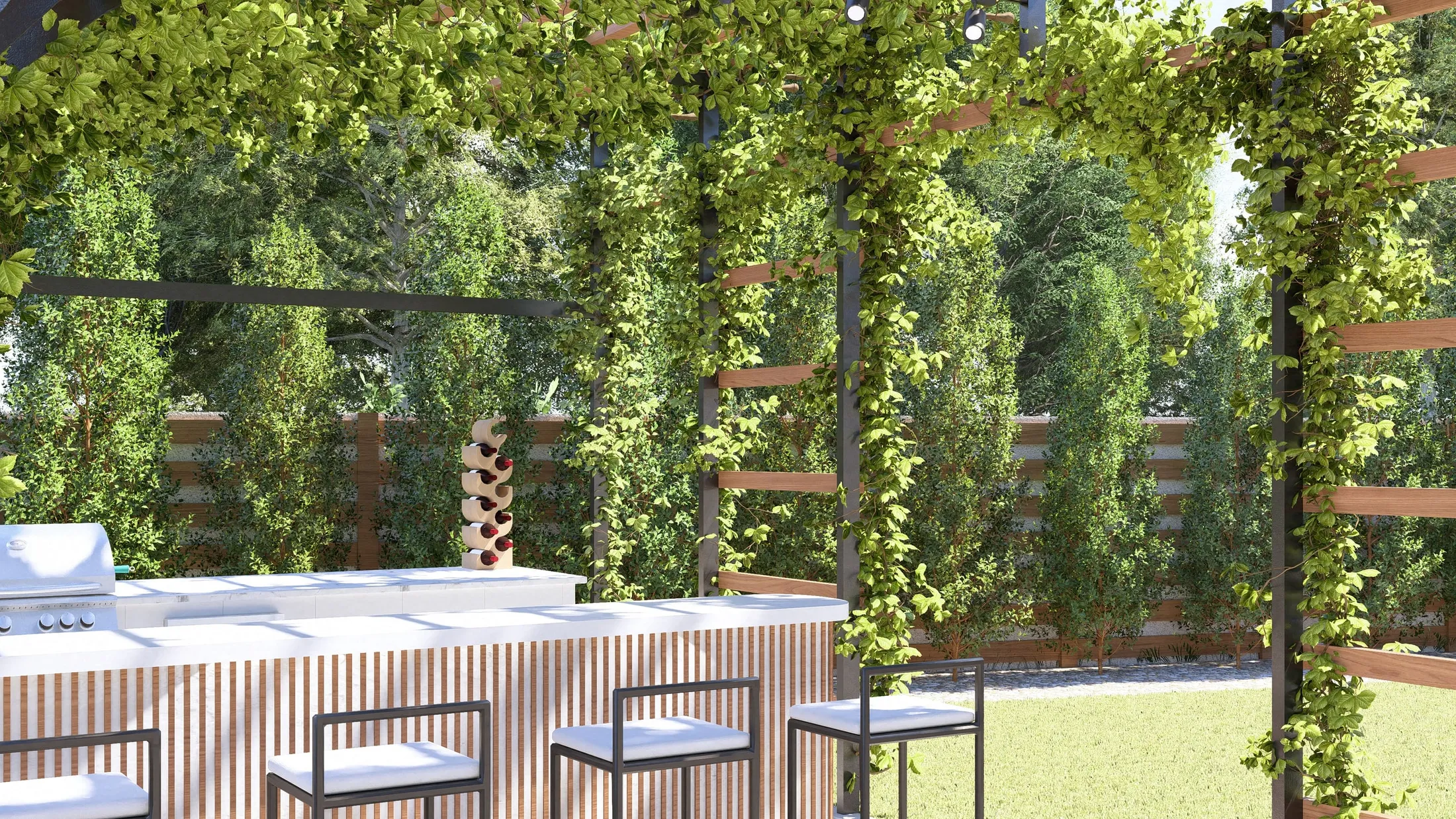 Outdoor kitchen and bar seen through climbing plants