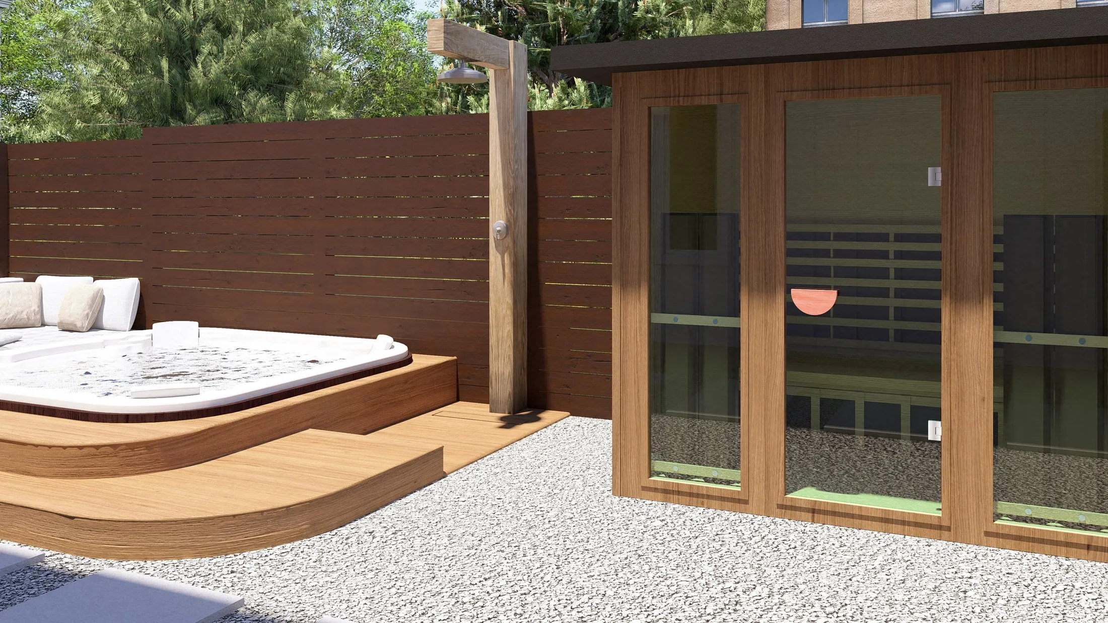 Hot tub deck next to a glass-fronted outdoor sauna