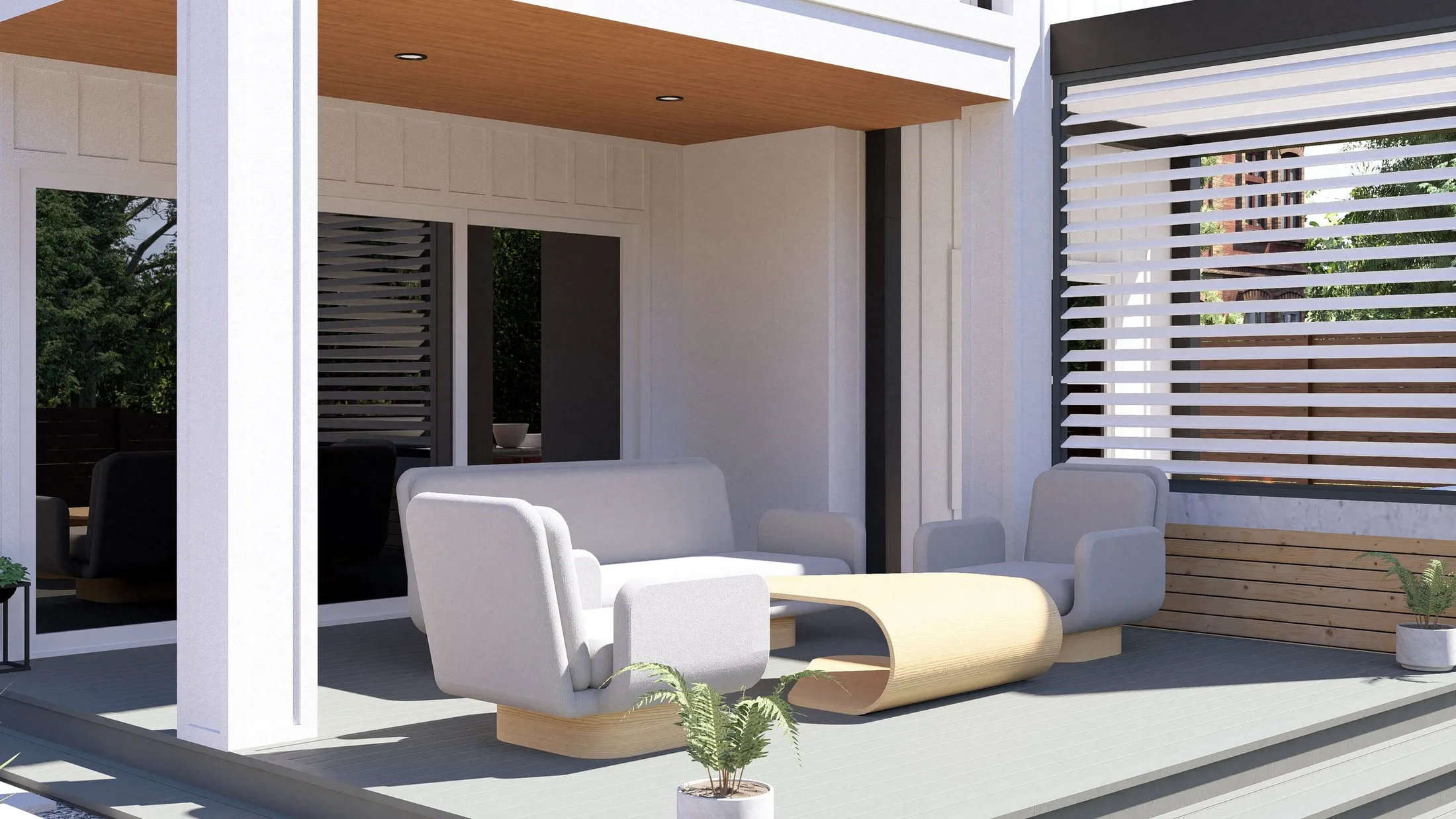 Side view of the covered lounge and louvred screens