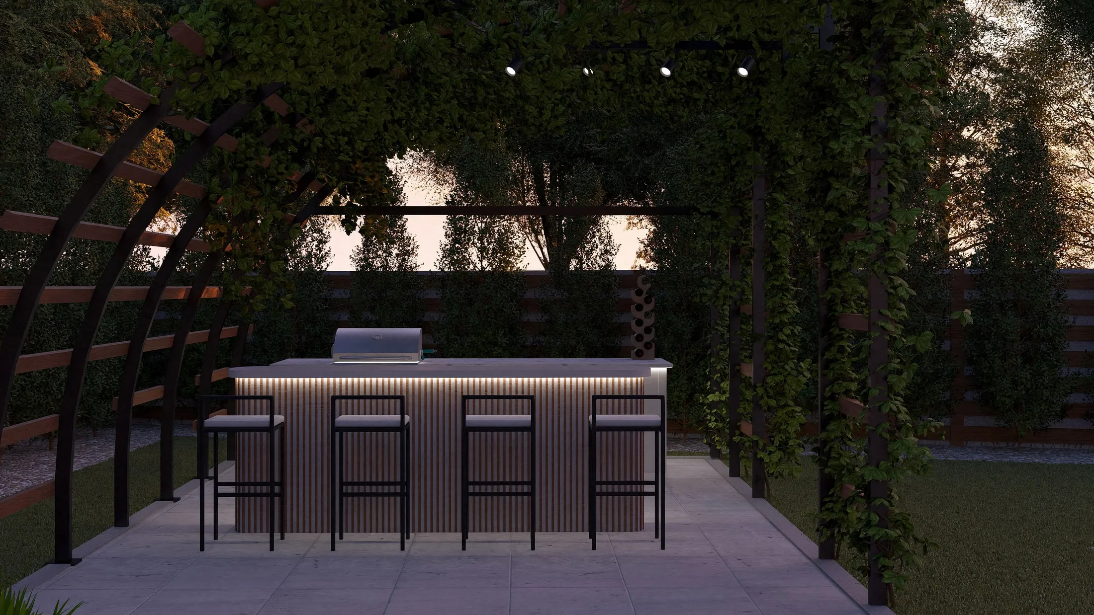 Outdoor bar at night with integrated LED lighting