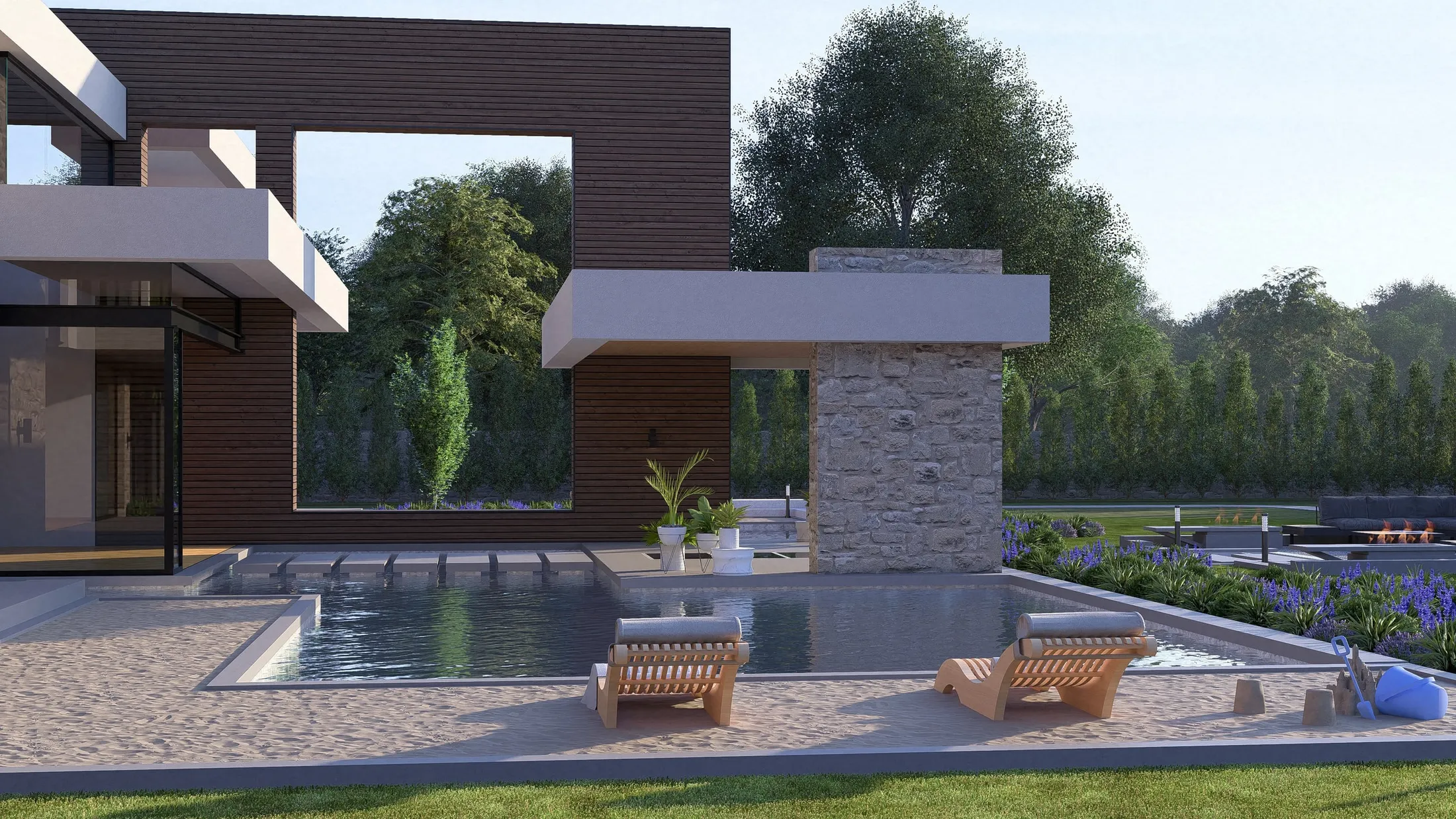 Pool with sun loungers framed by a timber and stone structure