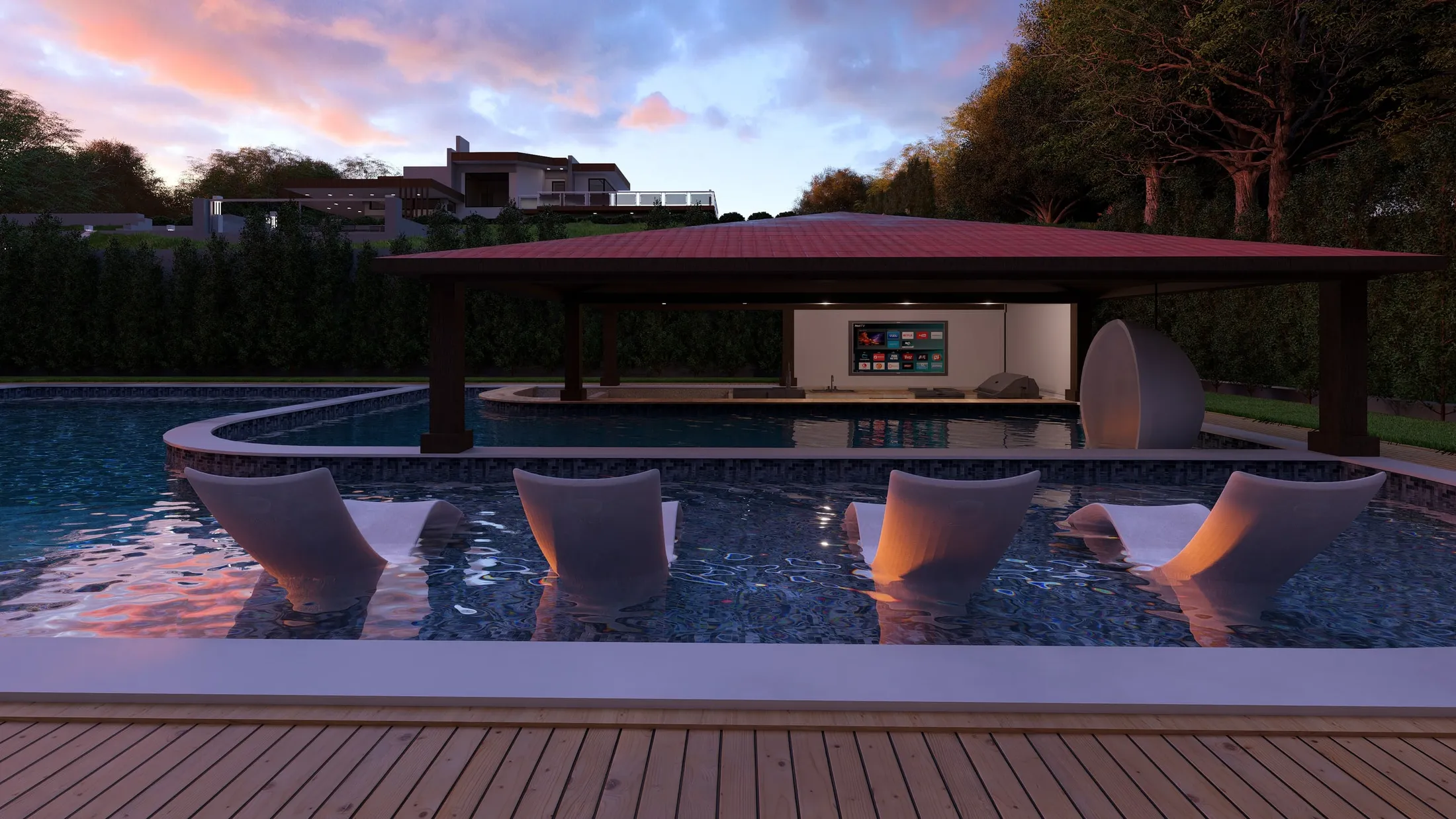 Pool and pavilion at sunset