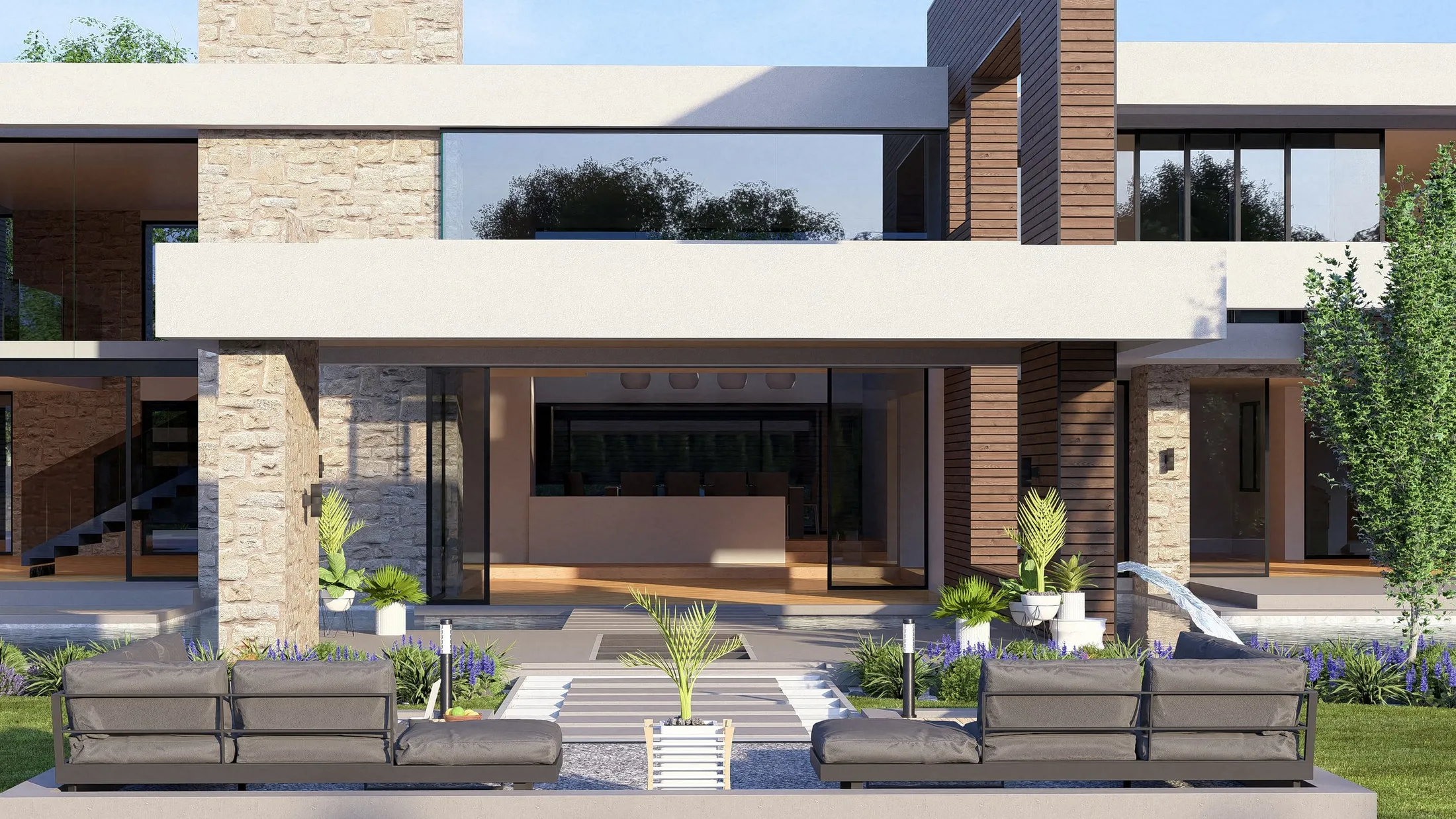 Outdoor lounge on the terrace facing the house