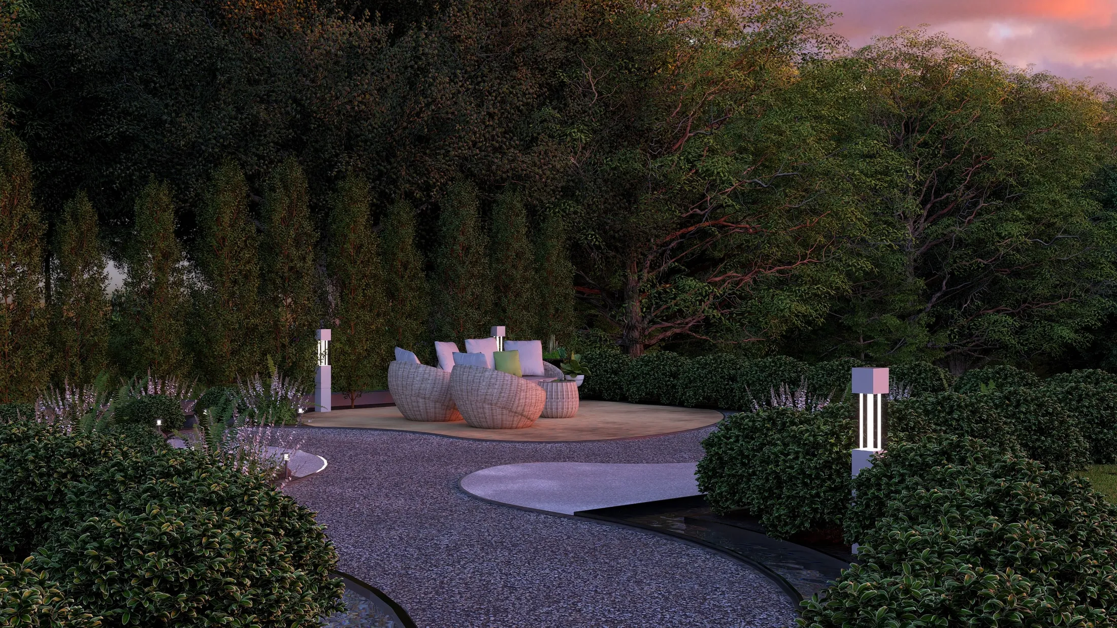 Lounge area in the garden at dusk