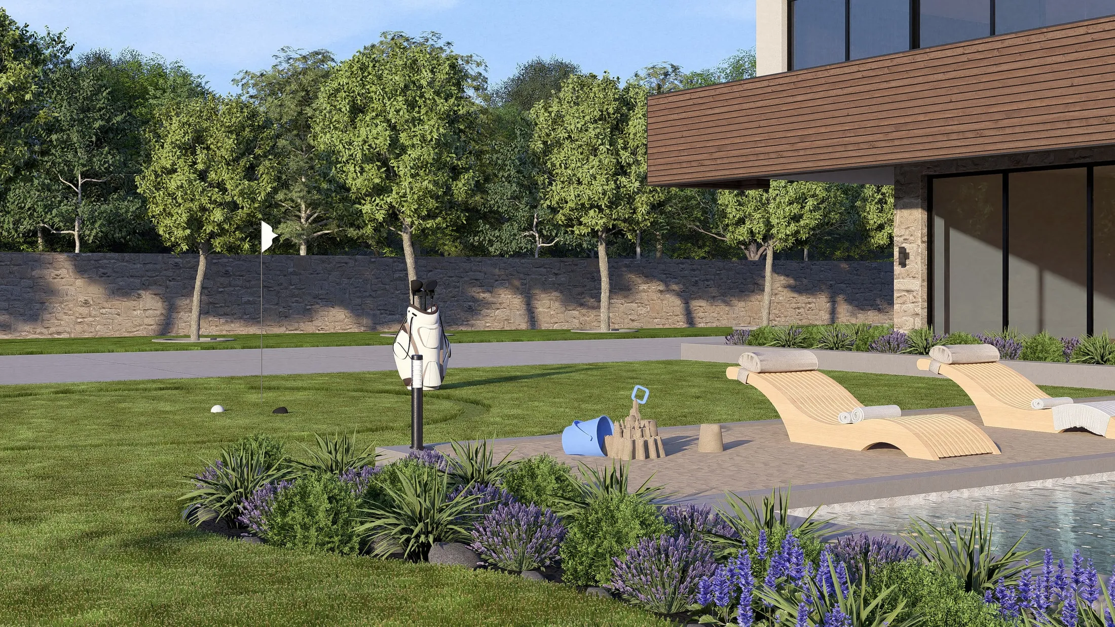 Putting green and sun loungers beside the planting