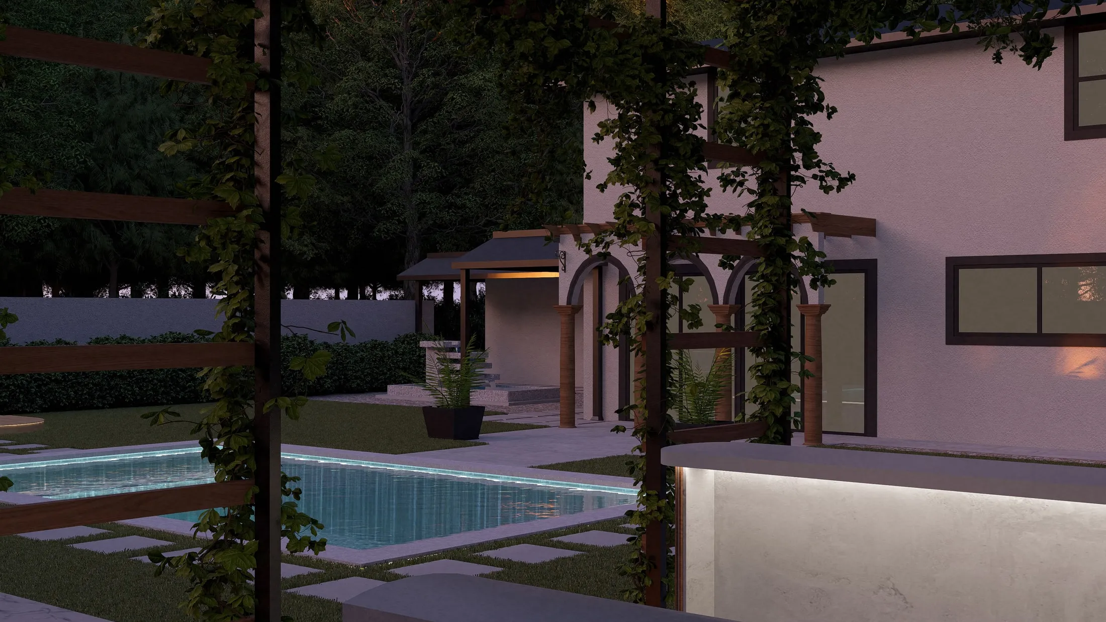 Evening view through the pergola toward the pool and house