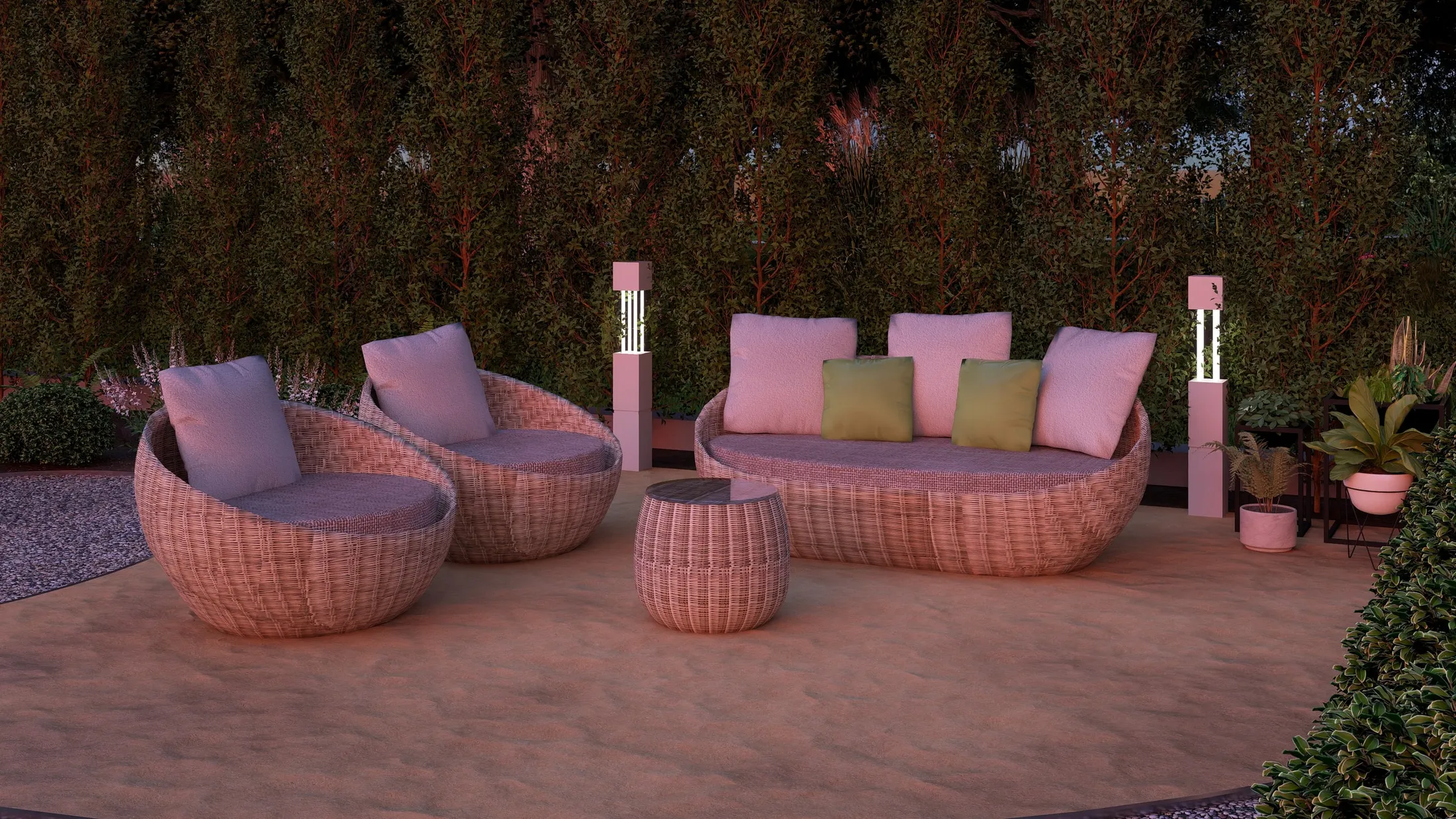 Woven lounge furniture in the evening light