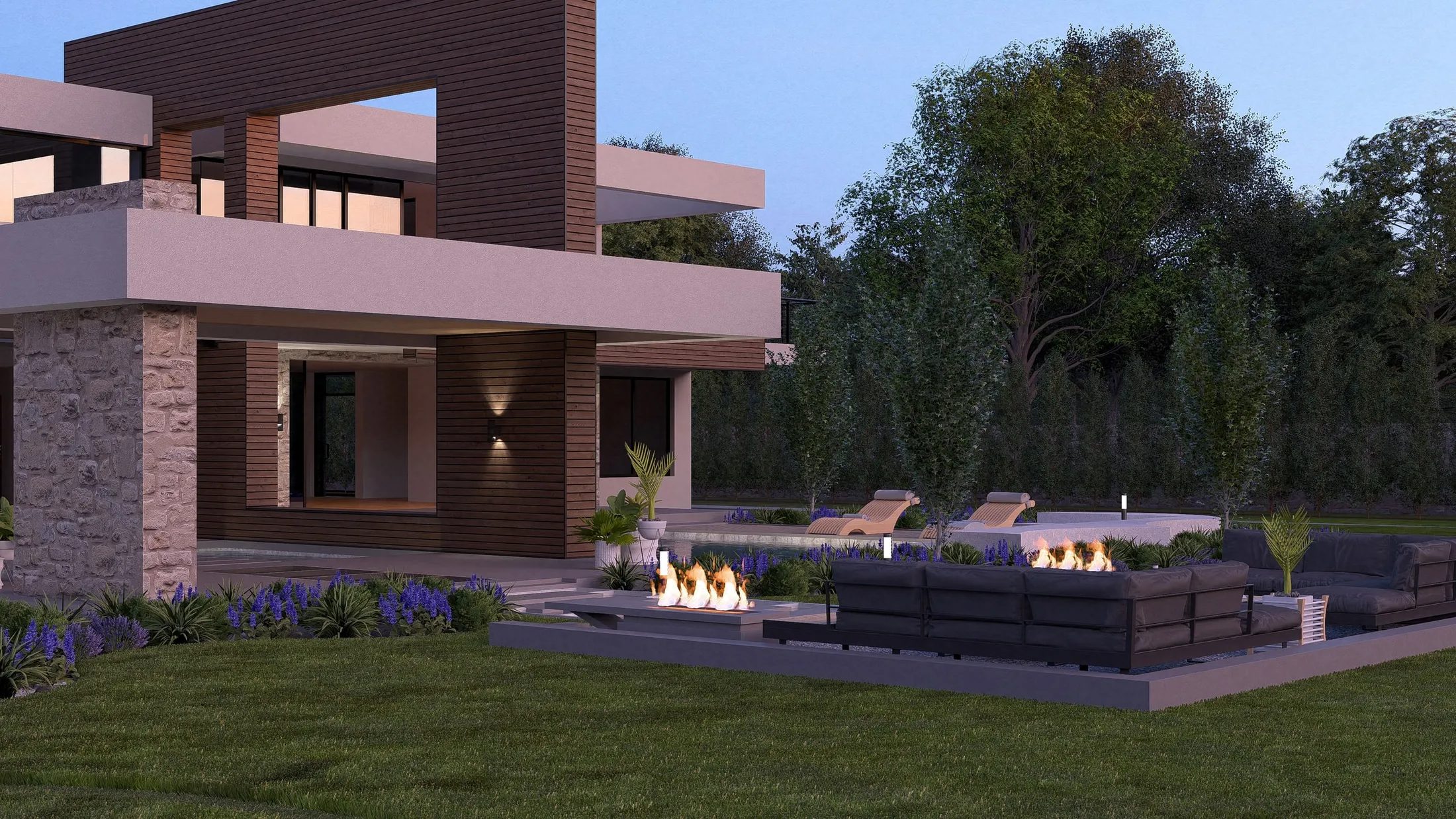Fire lounge beside the villa at dusk