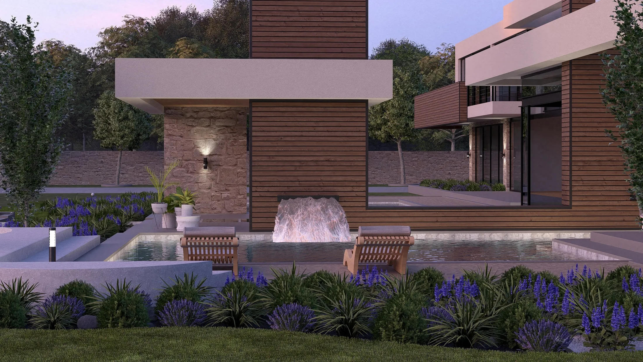 Cascade and pool at dusk with wall lights